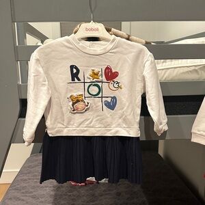 Mayoral White Long Sleeve Top with Navy Skirt Detail and Multicolor Appliqués